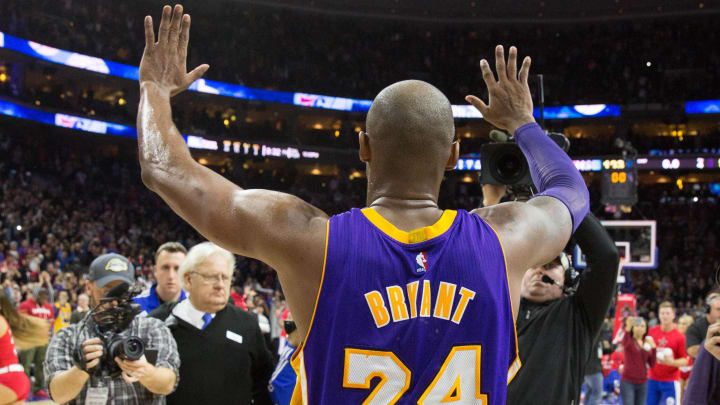 Dec 1, 2015; Philadelphia, PA, USA; Los Angeles Lakers forward Kobe Bryant (24) waves goodbye to fans at Wells Fargo Center after a game against the Philadelphia 76ers. The 76ers won 103-91. Mandatory Credit: Bill Streicher-USA TODAY Sports