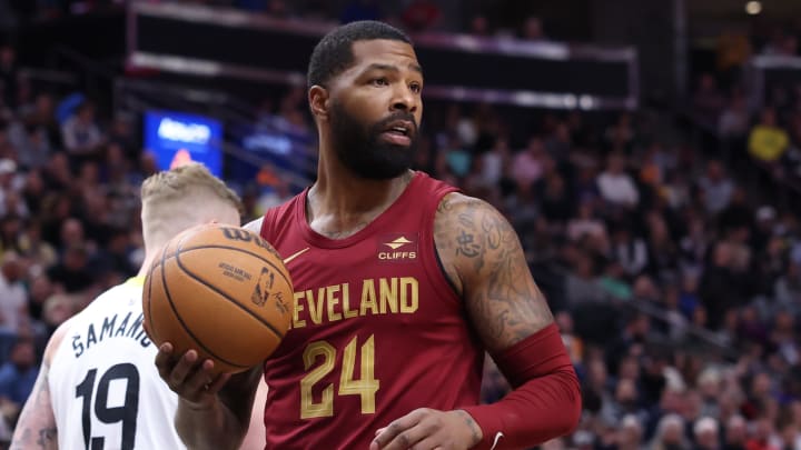 Apr 2, 2024; Salt Lake City, Utah, USA; Cleveland Cavaliers forward Marcus Morris Sr. (24) reacts to a call against the Utah Jazz during the third quarter at Delta Center. Mandatory Credit: Rob Gray-USA TODAY Sports