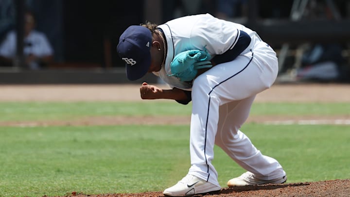 Jun 8, 2025; St. Petersburg, Florida, USA; Tampa Bay Rays pitcher Edwin Uceta (63) reacts after they beat the Miami Marlins at George M. Steinbrenner Field. Mandatory Credit: Kim Klement Neitzel-Imagn Images