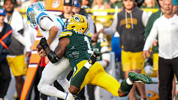 Detroit Lions quarterback Jared Goff (16) is sacked by Green Bay Packers defensive end Micah Parsons (1) during the second half at Lambeau Field in Green Bay, Wis., on Sunday, September 7, 2025.