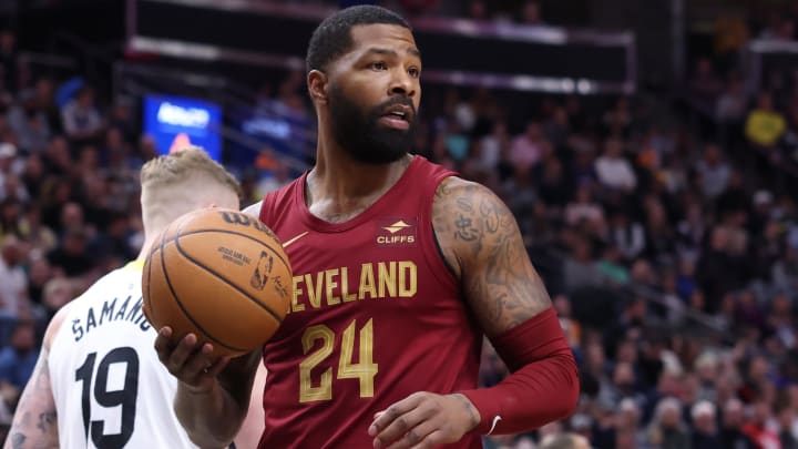 Apr 2, 2024; Salt Lake City, Utah, USA; Cleveland Cavaliers forward Marcus Morris Sr. (24) reacts to a call against the Utah Jazz during the third quarter at Delta Center. Mandatory Credit: Rob Gray-USA TODAY Sports