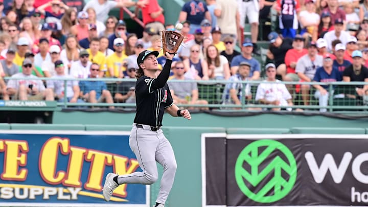 Aug 25, 2024; Boston, Massachusetts, USA; Arizona Diamondbacks center fielder Jake McCarthy (31) makes a catch for an out against the Boston Red Sox during the third inning at Fenway Park. Mandatory Credit: Eric Canha-USA TODAY Sports