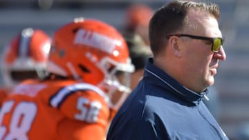 Nov 2, 2024; Champaign, Illinois, USA;  Illinois Fighting Illini head coach Bret Bielema before a game with the Minnesota Golden Gophers at Memorial Stadium. Mandatory Credit: Ron Johnson-Imagn Images