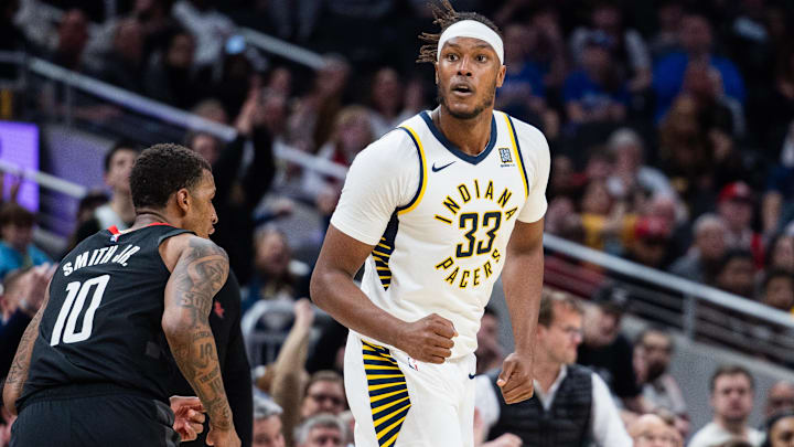 Mar 4, 2025; Indianapolis, Indiana, USA; Indiana Pacers center Myles Turner (33) celebrates a made basket  in the second half against the Houston Rockets at Gainbridge Fieldhouse. Mandatory Credit: Trevor Ruszkowski-Imagn Images