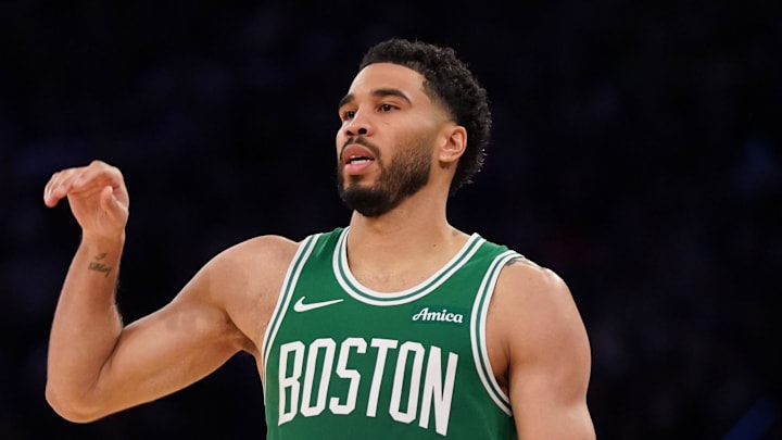 Apr 9, 2026; New York, New York, USA; Boston Celtics forward Jayson Tatum (0) reacts after three point attempt during the fourth quarter against the New York Knicks at Madison Square Garden. Mandatory Credit: Lucas Boland-Imagn Images