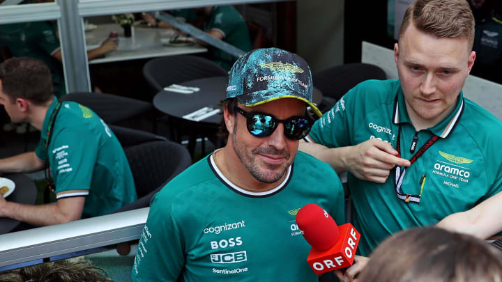 May 2, 2024; Miami Gardens, Florida, USA; Aston Matrin driver Fernando Alonso (14) speaks to the media in advance of the F1 Miami Grand Prix at the Miami International Autodrome. Mandatory Credit: Peter Casey-USA TODAY Sports