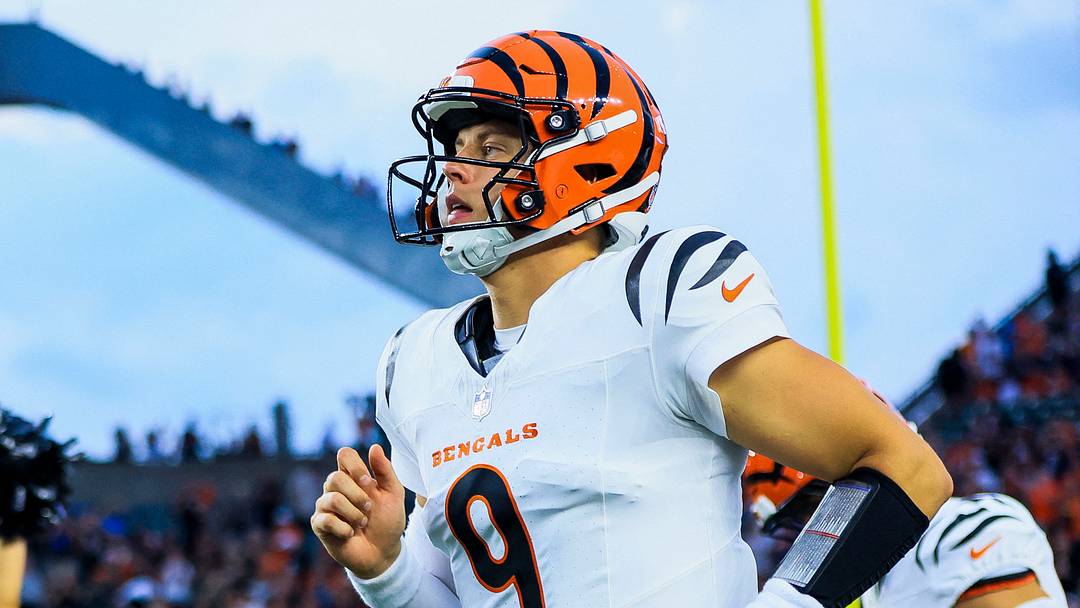 Aug 13, 2026; Cincinnati, Ohio, USA; Cincinnati Bengals quarterback Joe Burrow (9) runs onto the field before the game against the Detroit Lions at Paycor Stadium. Mandatory Credit: Katie Stratman-Imagn Images