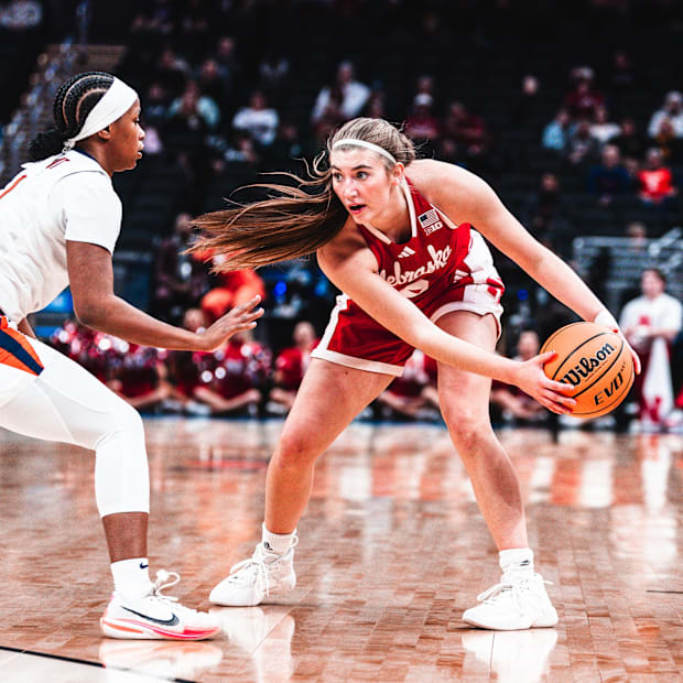 Nebraska guard Logan Nissley looks for an opening against Illinois in the second round of the Big Ten Conference Tournament.