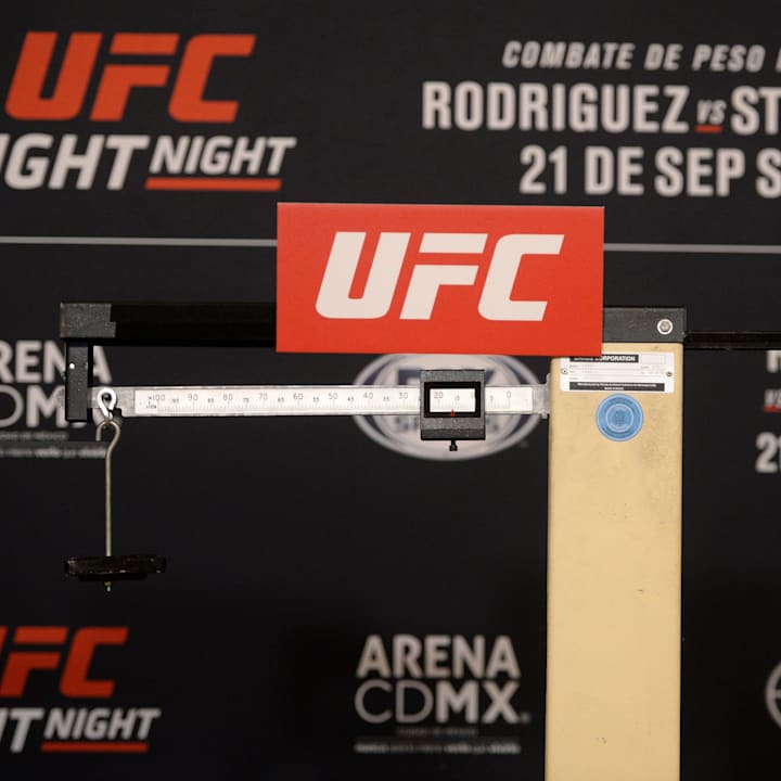 A detailed view of the scale used weigh ins for UFC Fight Night at JW Marriott.