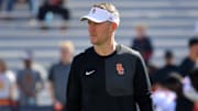 Sep 27, 2025; Champaign, Illinois, USA;  Southern California Trojans head coach Lincoln Riley before an NCAA football game with the Illinois Fighting Illini at Memorial Stadium. Mandatory Credit: Ron Johnson-Imagn Images