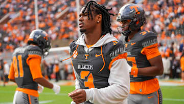 Tennessee defensive back Jermod McCoy (3) jogs during warm-ups before a NCAA football game between Tennessee Volunteers and New Mexico State Aggies at Neyland Stadium in Knoxville, Tenn., on Nov. 15, 2025.
