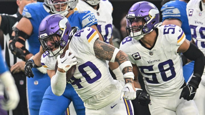 Dec 24, 2023; Minneapolis, Minnesota, USA; Minnesota Vikings linebacker Ivan Pace Jr. (40) and linebacker Jordan Hicks (58) react after a fumble recovery against the Detroit Lions during the game at U.S. Bank Stadium. Mandatory Credit: Jeffrey Becker-USA TODAY Sports