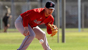 Alex Bregman of the Boston Red Sox participates in drills at JetBlue Park at Fenway South on Monday, Feb. 17, 2025.