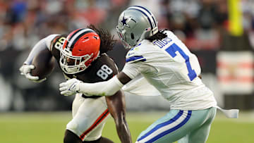 Cleveland Browns tight end Jordan Akins (88) moves up field against Dallas Cowboys cornerback Trevon Diggs (7) during the second half of an NFL football game at Huntington Bank Field, Sunday, Sept. 8, 2024, in Cleveland, Ohio.