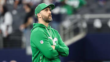 Nov 23, 2025; Arlington, Texas, USA; Philadelphia Eagles head coach Nick Sirianni looks on before the game against the Dallas Cowboys at AT&T Stadium. Mandatory Credit: Kevin Jairaj-Imagn Images