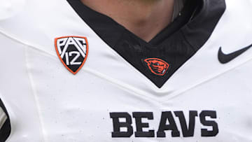 Oct 26, 2024; Berkeley, California, USA; A view of the Pac-12 logo on the jersey of Oregon State Beavers punter Josh Green (37) during the second quarter against the California Golden Bears at California Memorial Stadium. Mandatory Credit: Darren Yamashita-Imagn Images