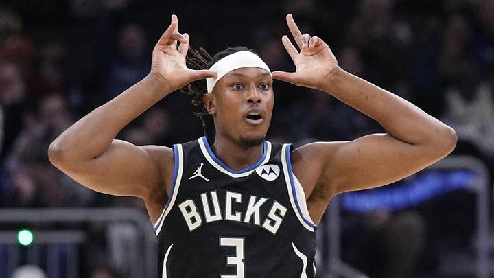 Dec 5, 2025; Milwaukee, Wisconsin, USA; Milwaukee Bucks center Myles Turner (3) puts up the Bucks horns after making a three point basket against the Philadelphia 76ers in the first half at Fiserv Forum. Mandatory Credit: Michael McLoone-Imagn Images