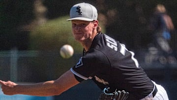 Chicago White Sox pitcher Noah Schultz (76) throws during a spring training game against the San Diego Padres at Camelback Ranch. 