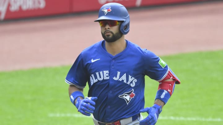 Jun 22, 2024; Cleveland, Ohio, USA; Toronto Blue Jays shortstop Isiah Kiner-Falefa (7) rounds the bases on his solo home run in the third inning against the Cleveland Guardians at Progressive Field. Mandatory Credit: David Richard-USA TODAY Sports