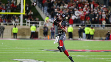 Nov 9, 2024; Lubbock, Texas, USA; Texas Tech Red Raiders quarterback Behren Morton (2) throws a pass in the second half against the Colorado Buffalos at Jones AT&T Stadium and Cody Campbell Field. Mandatory Credit: Michael C. Johnson-Imagn Images