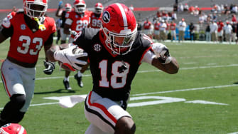 Georgia wide receiver Sacovie White (18) breaks away for a touchdown during the Bulldogs' spring football game.