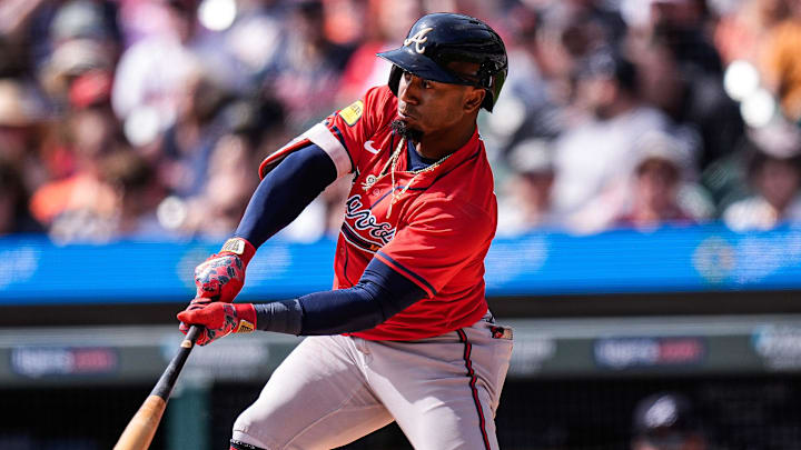 Atlanta Braves second base Ozzie Albies (1) bats against Detroit Tigers during the second inning at Comerica Park in Detroit on Saturday, Sept. 20, 2025.