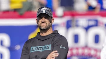 Oct 20, 2024; East Rutherford, New Jersey, USA;  Philadelphia Eagles head coach Nick Sirianni pregame against the New York Giants at MetLife Stadium. Mandatory Credit: Robert Deutsch-Imagn Images