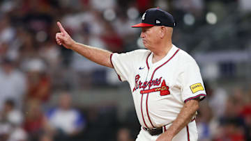 Sep 16, 2024; Atlanta, Georgia, USA; Atlanta Braves manager Brian Snitker (43) makes a pitching change against the Los Angeles Dodgers in the seventh inning at Truist Park. Mandatory Credit: Brett Davis-Imagn Images
