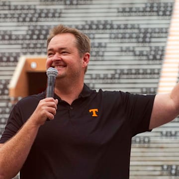 Tennessee head football coach Josh Heupel speaks while Pilot employees and family members attend the Pilot team celebration at Neyland Stadium preserved by Pilot on Tuesday, August, 2024.