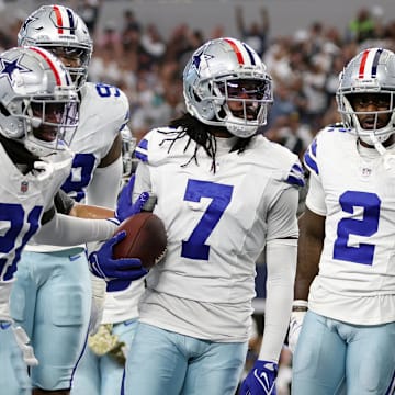 Dallas Cowboys cornerback Trevon Diggs and his teammates react after an interception against the Philadelphia Eagles
