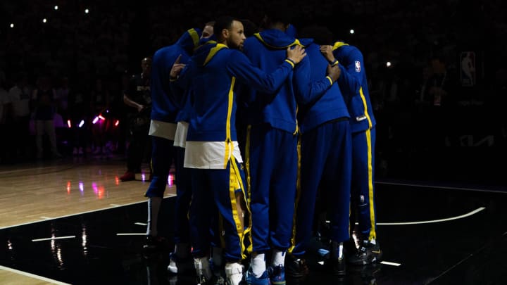 April 30, 2023; Sacramento, California, USA; Golden State Warriors guard Stephen Curry (30) huddles with his teammates before game seven of the 2023 NBA playoffs first round against the Sacramento Kings at Golden 1 Center. Mandatory Credit: Kyle Terada-USA TODAY Sports