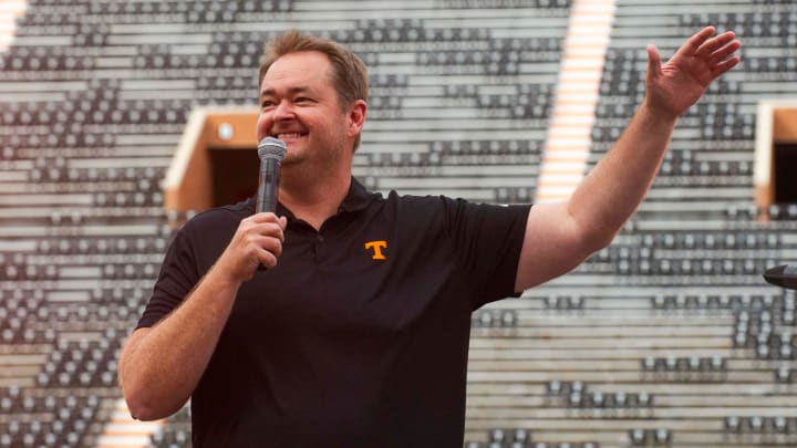 Tennessee head football coach Josh Heupel speaks while Pilot employees and family members attend the Pilot team celebration at Neyland Stadium preserved by Pilot on Tuesday, August, 2024.