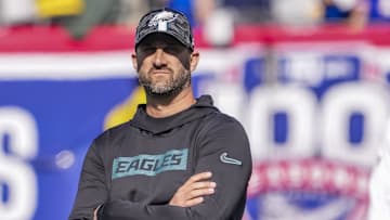 Oct 20, 2024; East Rutherford, New Jersey, USA;  Philadelphia Eagles head coach Nick Sirianni pregame against the New York Giants at MetLife Stadium.