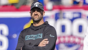 Oct 20, 2024; East Rutherford, New Jersey, USA;  Philadelphia Eagles head coach Nick Sirianni pregame against the New York Giants at MetLife Stadium. Mandatory Credit: Robert Deutsch-Imagn Images