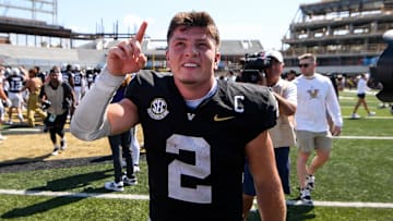 Aug 31, 2024; Nashville, Tennessee, USA;  Vanderbilt Commodores quarterback Diego Pavia (2) celebrates the win against the Virginia Tech Hokies at FirstBank Stadium. Mandatory Credit: Steve Roberts-USA TODAY Sports