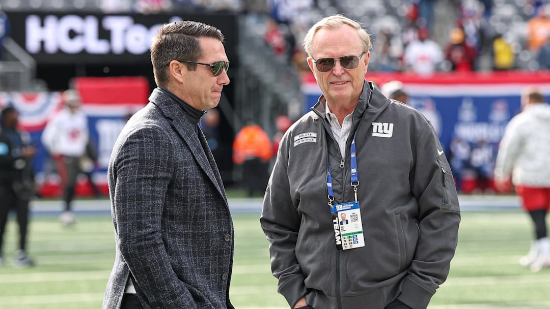 Nov 24, 2024; East Rutherford, New Jersey, USA; New York Giants owner John Mara, left, and New York Giants general manager Joe Schoen. Mandatory Credit: Vincent Carchietta-Imagn Images
