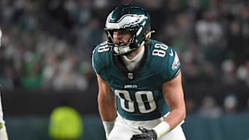 Nov 14, 2024; Philadelphia, Pennsylvania, USA; Philadelphia Eagles tight end Dallas Goedert (88) against the Washington Commanders at Lincoln Financial Field. Mandatory Credit: Eric Hartline-Imagn Images