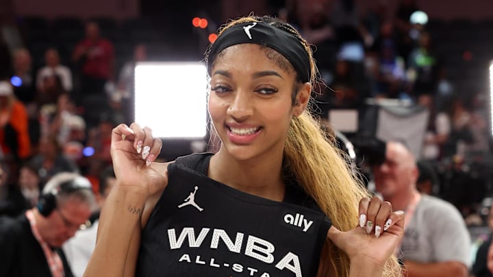 Jul 19, 2025; Indianapolis, IN, USA; Team Collier forward Angel Reese (5) celebrates after defeating Team Clark in the 2025 WNBA All Star Game at Gainbridge Fieldhouse. Mandatory Credit: Trevor Ruszkowski-Imagn Images