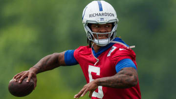 Indianapolis Colts quarterback Anthony Richardson (5) works through passing drills Wednesday, June 14, 2023, during mandatory minicamp at the Indiana Farm Bureau Football Center in Indianapolis.