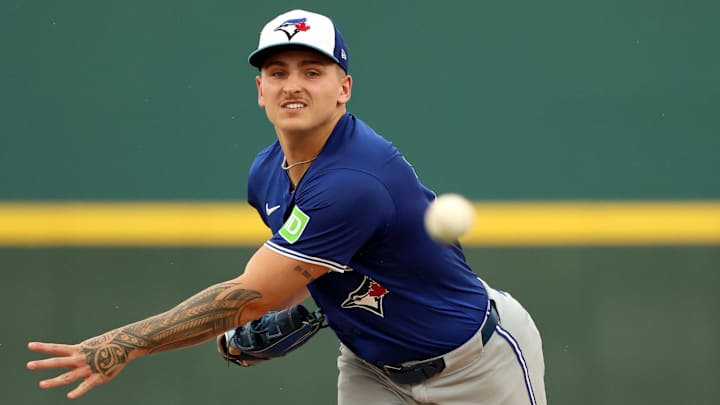 Mar 21, 2024; Bradenton, Florida, USA; Toronto Blue Jays pitcher Ricky Tiedemann (70) throws a pitch during the first inning against the Pittsburgh Pirates at LECOM Park. Mandatory Credit: Kim Klement Neitzel-USA TODAY Sports