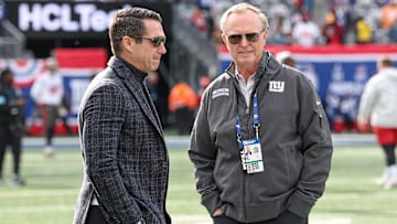 Nov 24, 2024; East Rutherford, New Jersey, USA; New York Giants owner John Mara, left, and New York Giants general manager Joe Schoen on the field before the game between the Giants and the Tampa Bay Buccaneers at MetLife Stadium. Mandatory Credit: Vincent Carchietta-Imagn Images