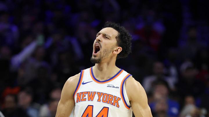Jan 24, 2026; Philadelphia, Pennsylvania, USA; New York Knicks guard Landry Shamet (44) reacts after a score against the Philadelphia 76ers during the fourth quarter at Xfinity Mobile Arena. Mandatory Credit: Bill Streicher-Imagn Images