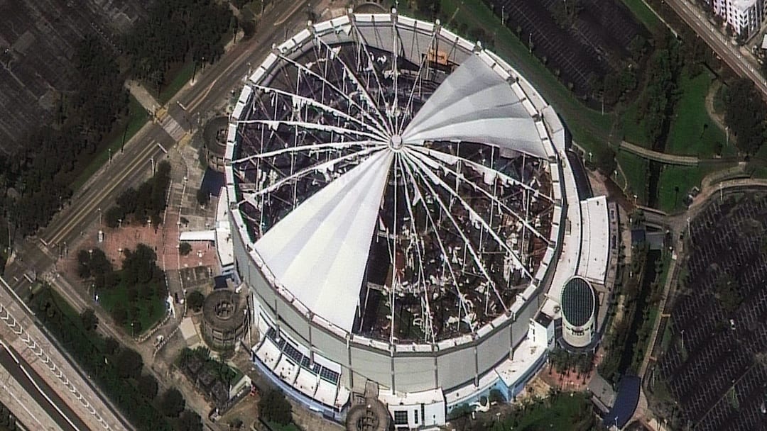 The roof of Tropicana Field, home of the Tampa Bay Rays MLB team, was torn off by Hurricane Milton's powerful winds. Satellite imagery from Maxar shows the destruction on Oct. 10, 2024 The roof of Tropicana Field, home of the Tampa Bay Rays MLB team, was torn off by Hurricane Milton's powerful winds. Satellite imagery from Maxar shows the destruction on Oct. 10, 2024