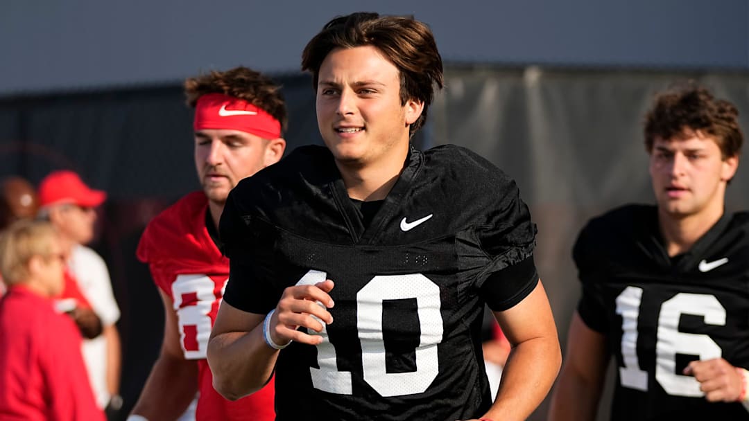 Ohio State Buckeyes quarterback Julian Sayin (10) takes the field for football training camp at the Woody Hayes Athletic Center on Aug. 1, 2025.