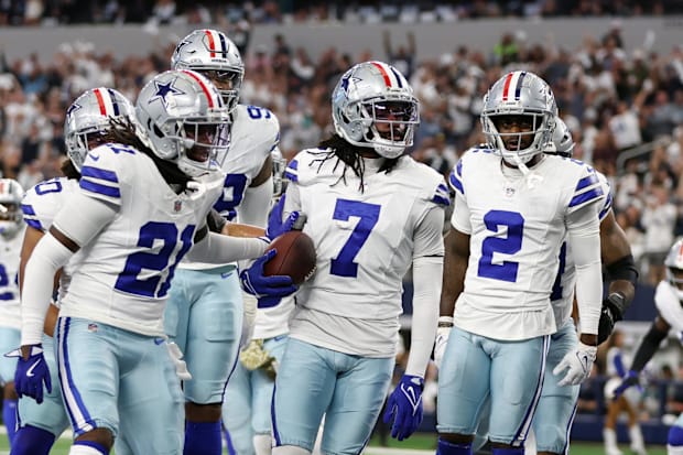 Dallas Cowboys cornerback Trevon Diggs and his teammates react after an interception against the Philadelphia Eagles.