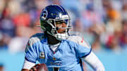 Tennessee Titans quarterback Cam Ward looks for a receiver during the second quarter against the Houston Texans.