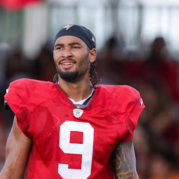 Jul 31, 2025; Tampa, FL, USA; Tampa Bay Buccaneers wide receiver Emeka Egbuka (9) participates in training camp at AdventHealth Training Center. Mandatory Credit: Nathan Ray Seebeck-Imagn Images