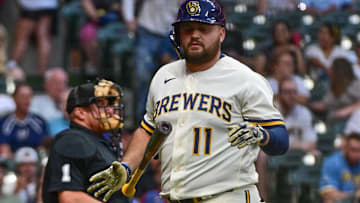 Jun 19, 2023; Milwaukee, Wisconsin, USA; Milwaukee Brewers first baseman Rowdy Tellez (11) reacts