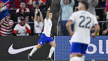 Nov 18, 2024; St. Louis, Missouri, USA;  United States forward Christian Pulisic (10) reacts after scoring against Jamaica during the first half at CITYPark. Mandatory Credit: Jeff Curry-Imagn Images