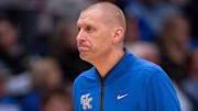 Kentucky coach Mark Pope turns back to his bench after another turnover against Gonzaga during their game at Bridgestone Arena in Nashville Friday, Dec. 5, 2025.